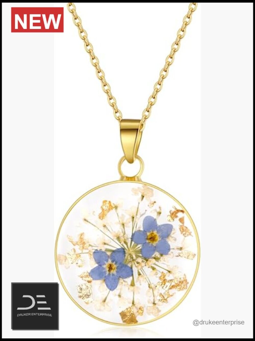 Handmade Pressed Wildflower Resin Necklace with Gold Flakes